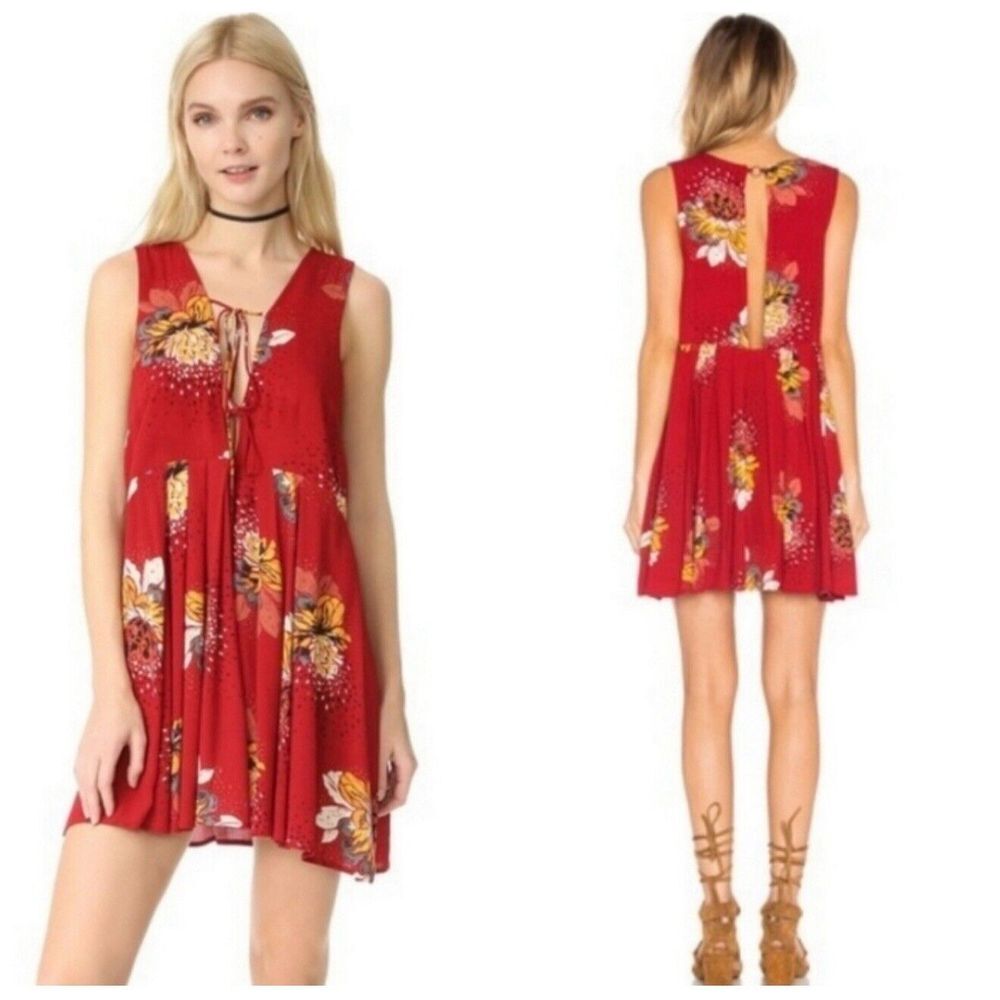Free People Lovely Day Floral Printed Red Boho Tunic Mini Dress Medium Flowy